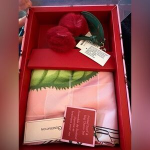 NIB BCBG Cherry Scarf & Bag Charm Gift Set
